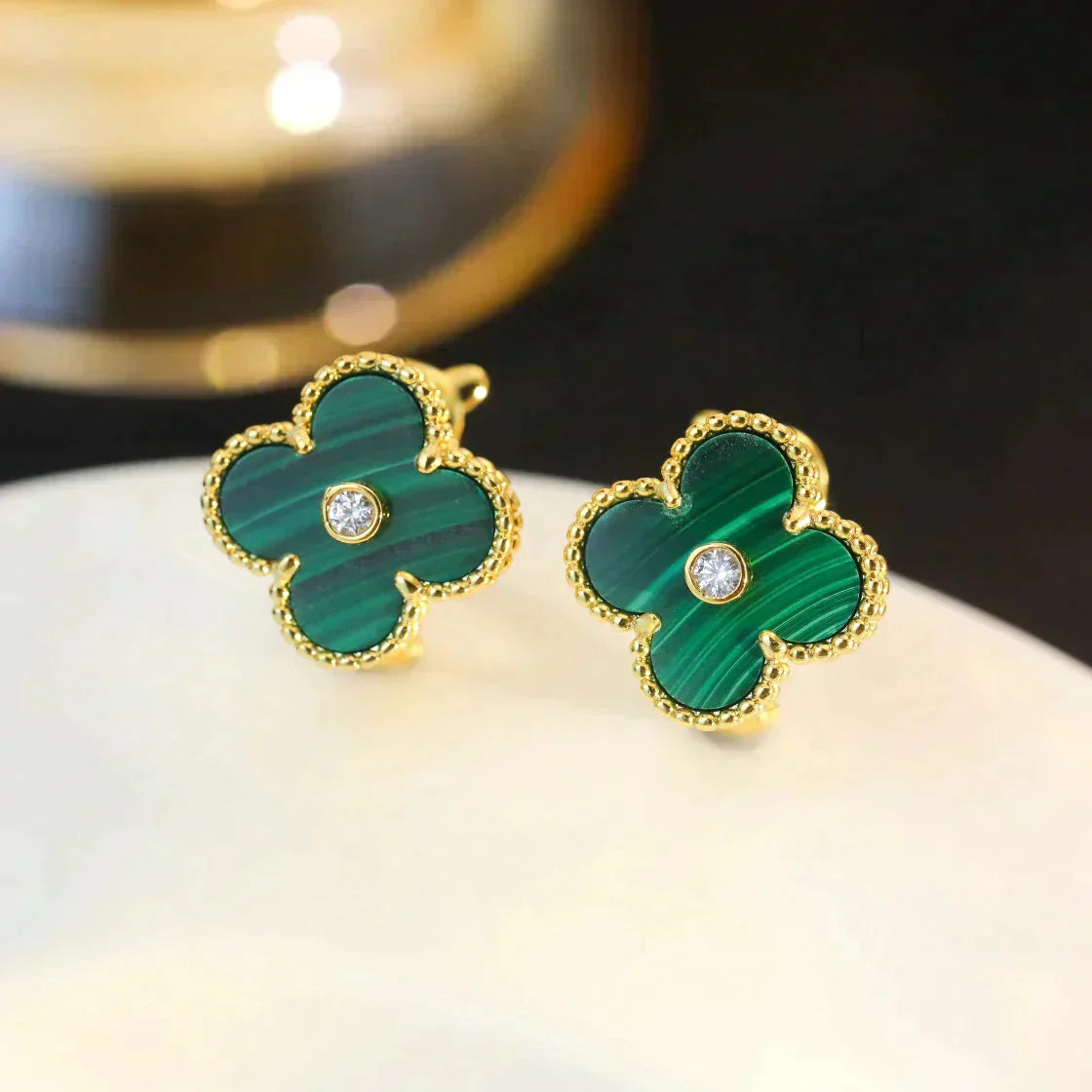 ??Loco?¡¥CLOVER MEDIUM 1 MOTIFS MALACHITE DIAMOND EARRINGS