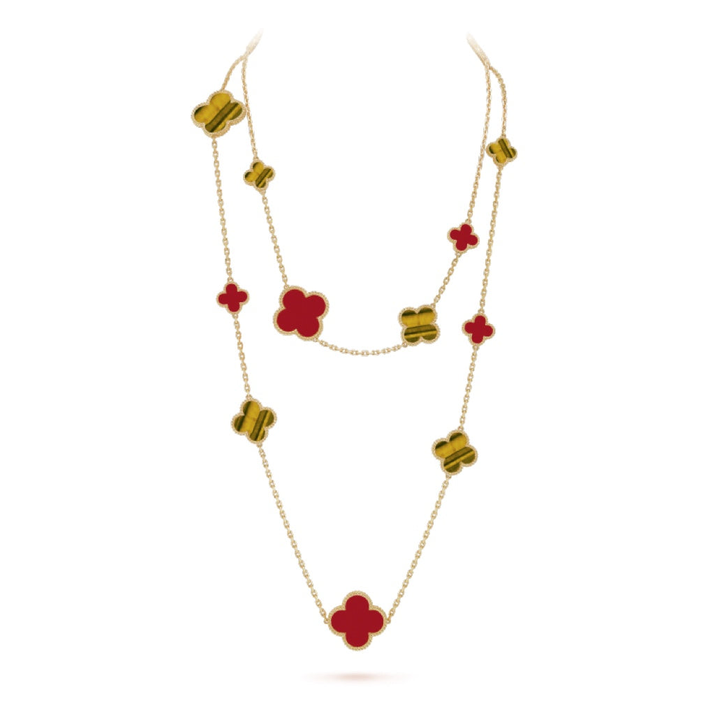 ??Loco?¡¥CLOVER 16 MOTIF CARNELIAN TIGER EYE ROSE GOLD NECKLACE