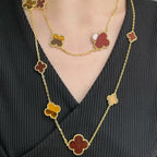 ??Loco?¡¥CLOVER 16 MOTIF CARNELIAN TIGER EYE ROSE GOLD NECKLACE
