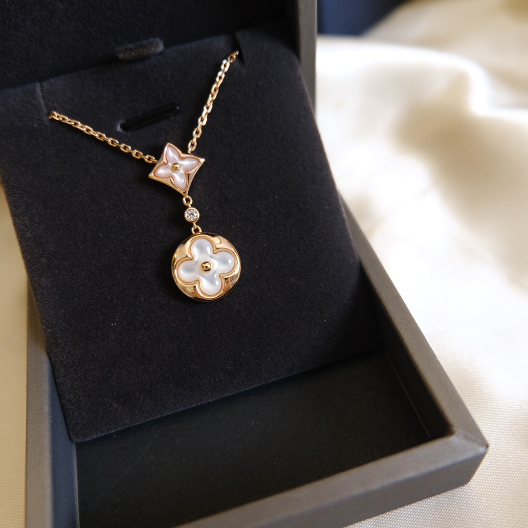 ??Loco?¡¥STAR AND SUN WHITE MOP 2 MOTIF PINK GOLD NECKLACE