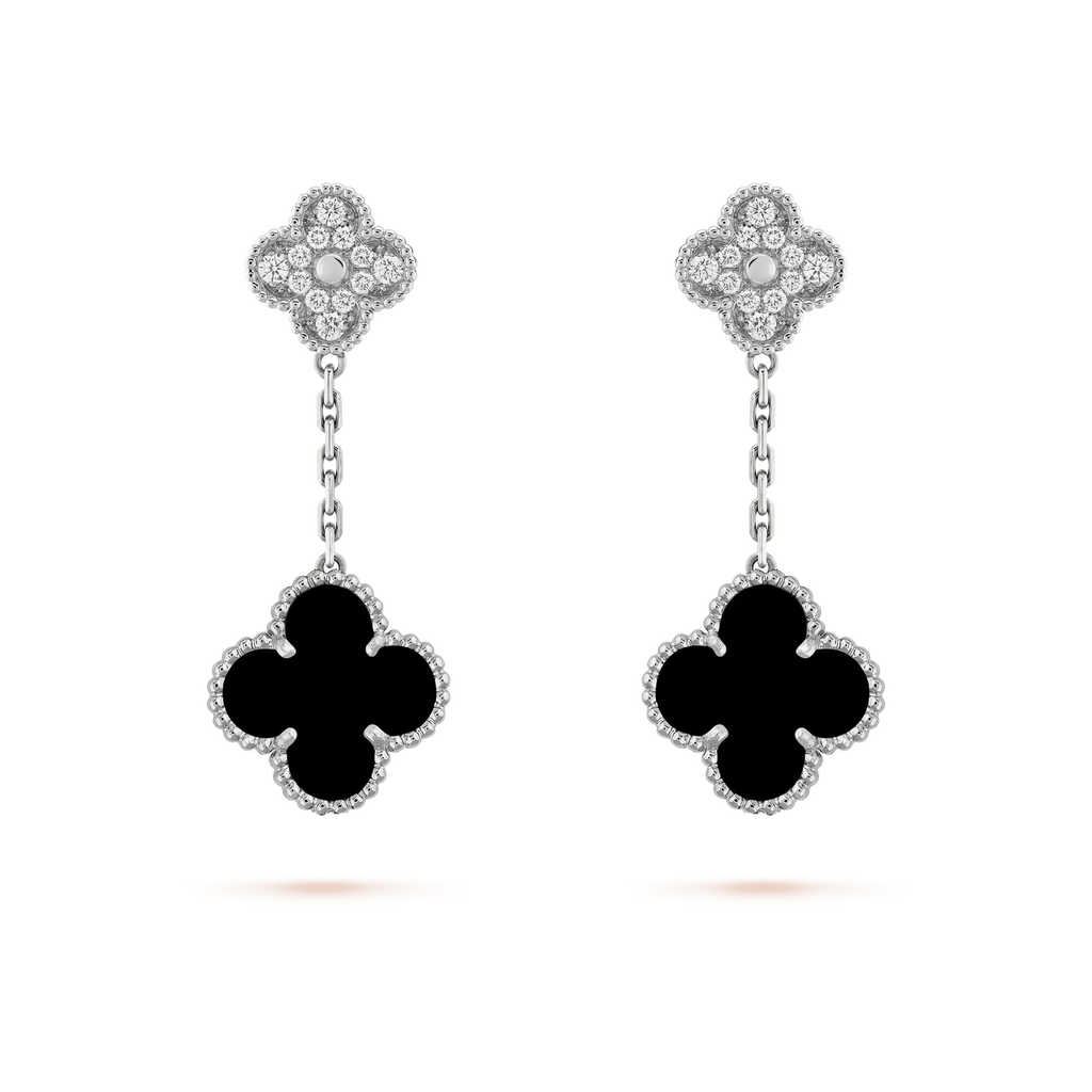??Loco?¡¥CLOVER 2 MOTIFS  DIAMOND ONYX EARRINGS SILVER