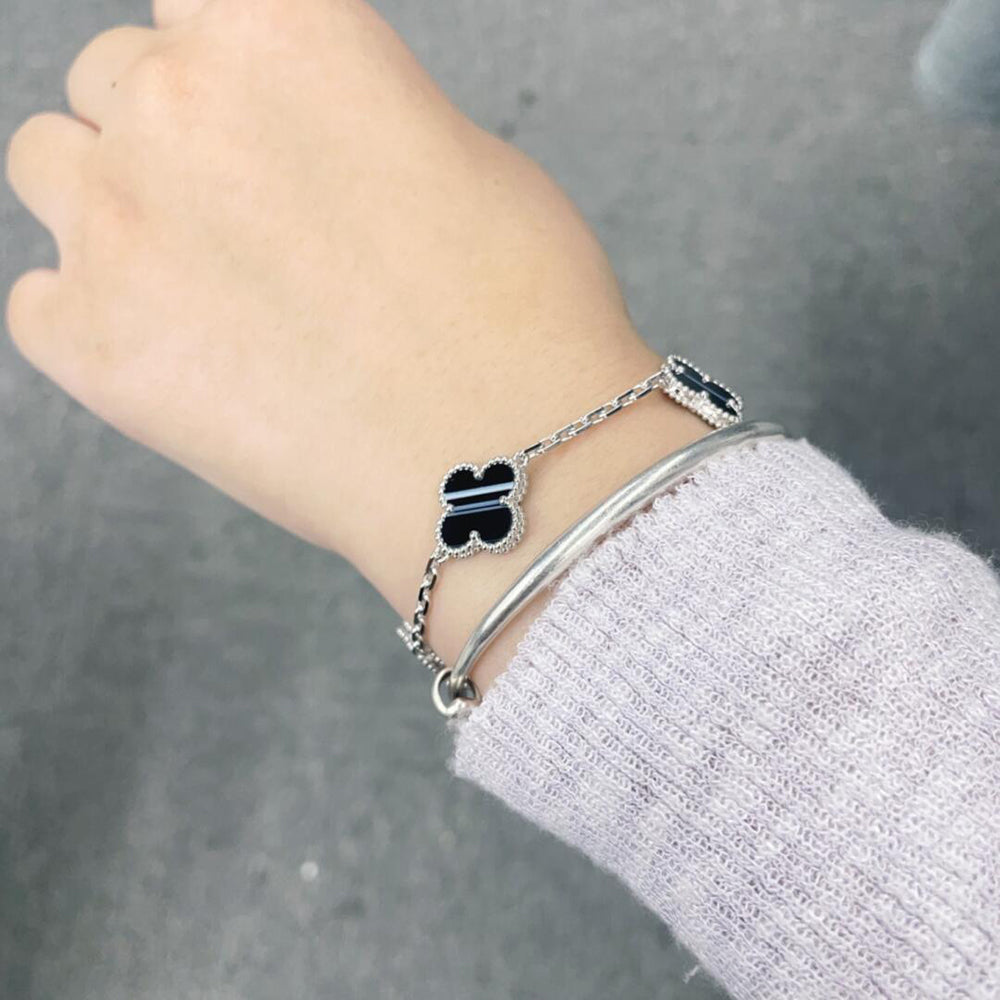 ??Loco?¡¥CLOVER 5 MOTIF VEINED ONYX BRACELET SILVER