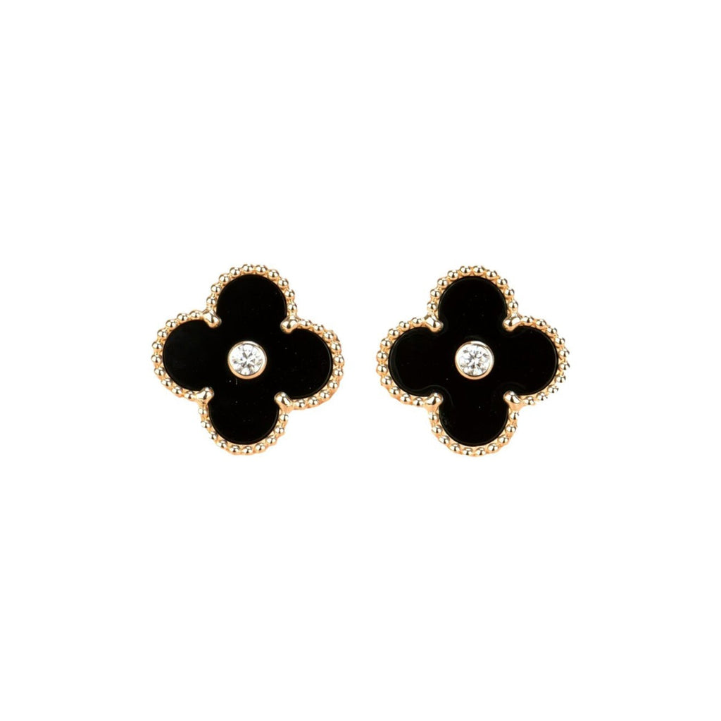 ??Loco?¡¥CLOVER MEDIUM 1 MOTIFS ONYX DIAMOND EARRINGS
