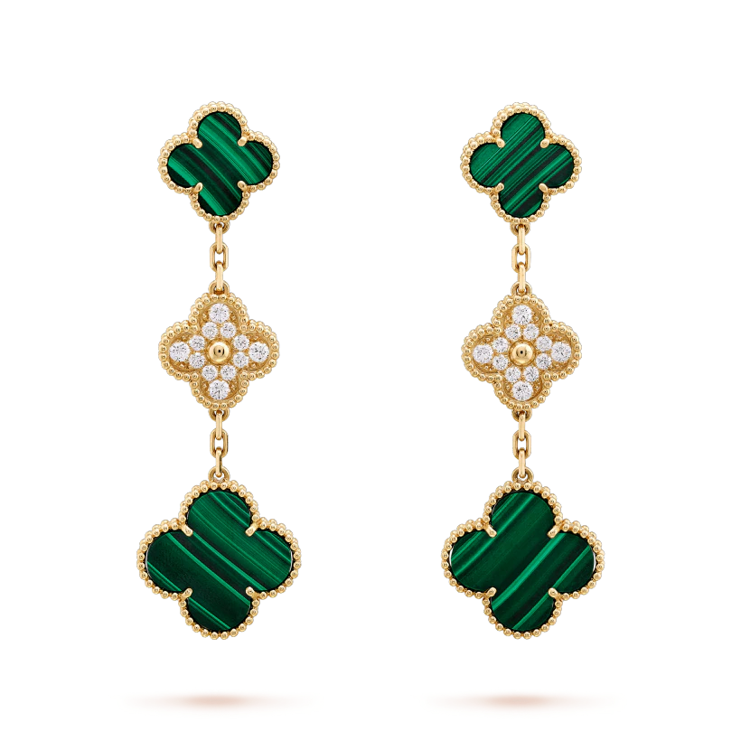 ??Loco?¡¥CLOVER EARRINGS GOLD MALACHITE DIAMOND 3 MOTIF