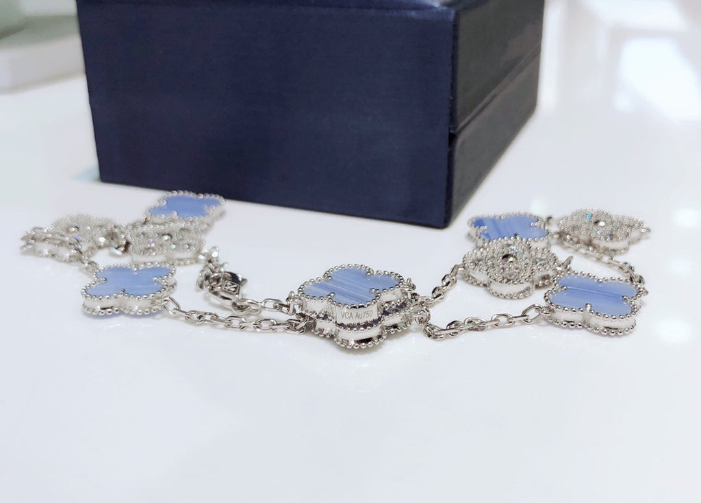 ??Loco?¡¥CLOVER 10 MOTIFS CHALCEDONY DIAMONDS SILVER NECKLACE
